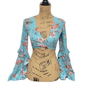 NWT Nasty Gal Tropical Floral Long Ruffle Sleeve Wrap Top